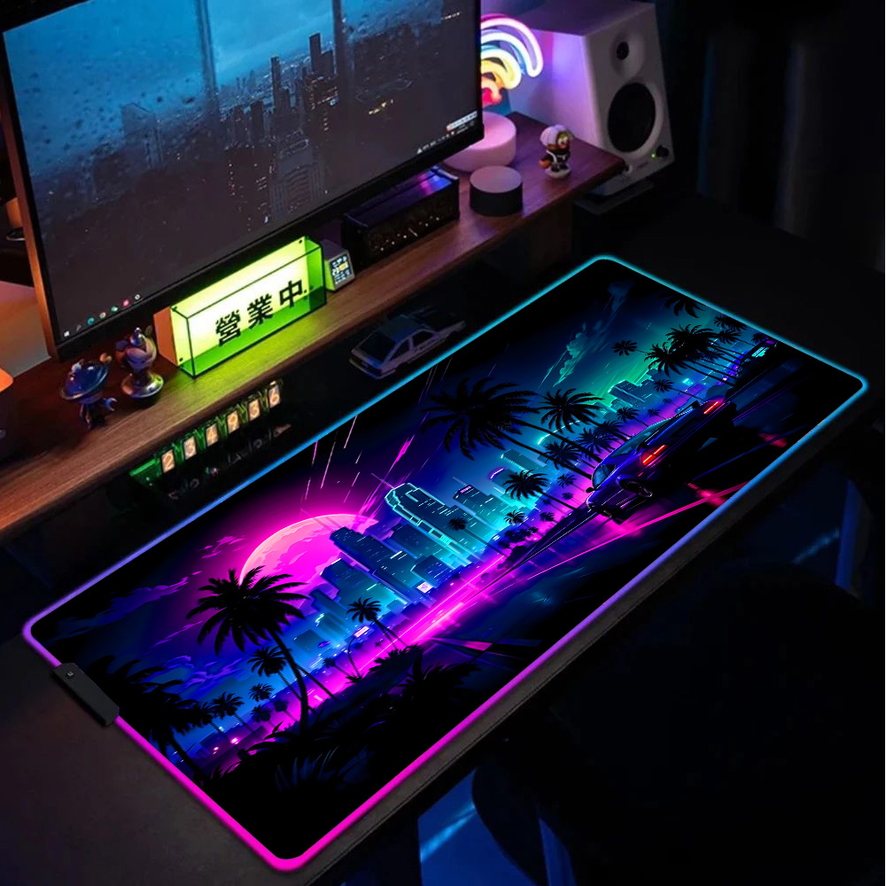 Retrowave Large Desk Mat Extended Pad PC Gamer Cabinet Big Mousepad Gaming Room Decoration Deskmat 90x40 Back Light Led Mousepad