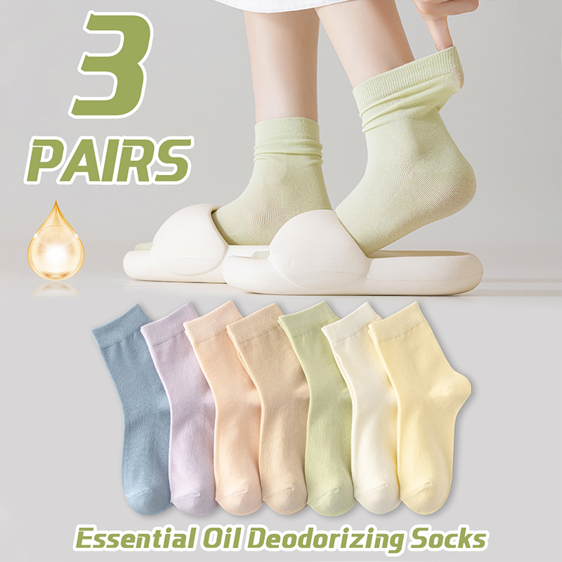 3 Pairs of Women's Cotton Solid Color Simple Essential Oil Anti Odor Mesh Breathable Fashionable Casual College Style Tube Socks