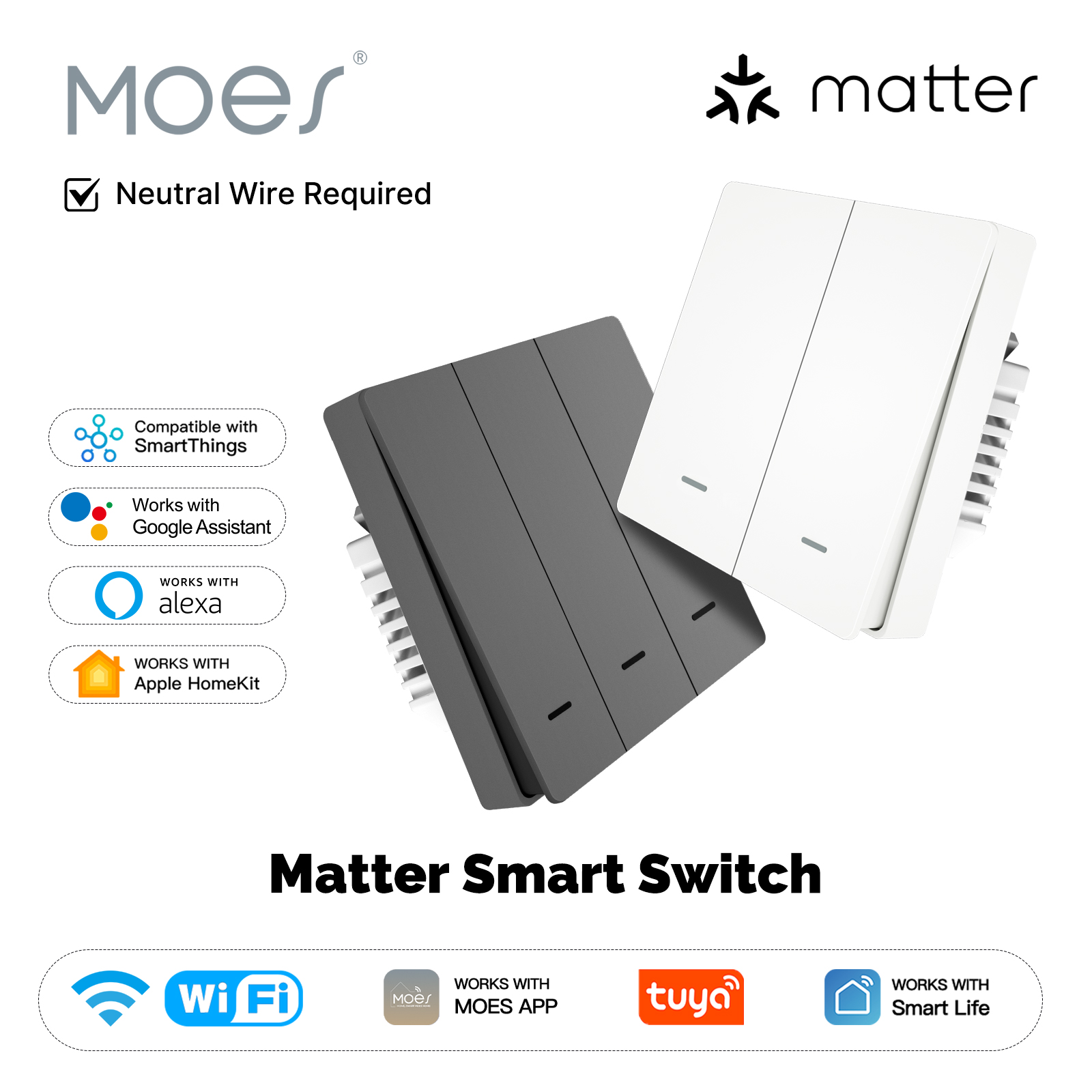 MOES Tuya WiFi Matter Smart Switch Light Button EU Verison Remote Control Homekit Smartthings Works With Alexa Home