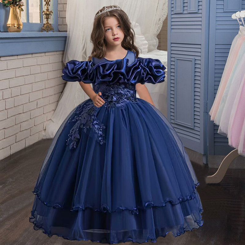 Elegant socialite girl party dress, one shoulder flower girl wedding dress bridesmaid dress mid size children's long dress