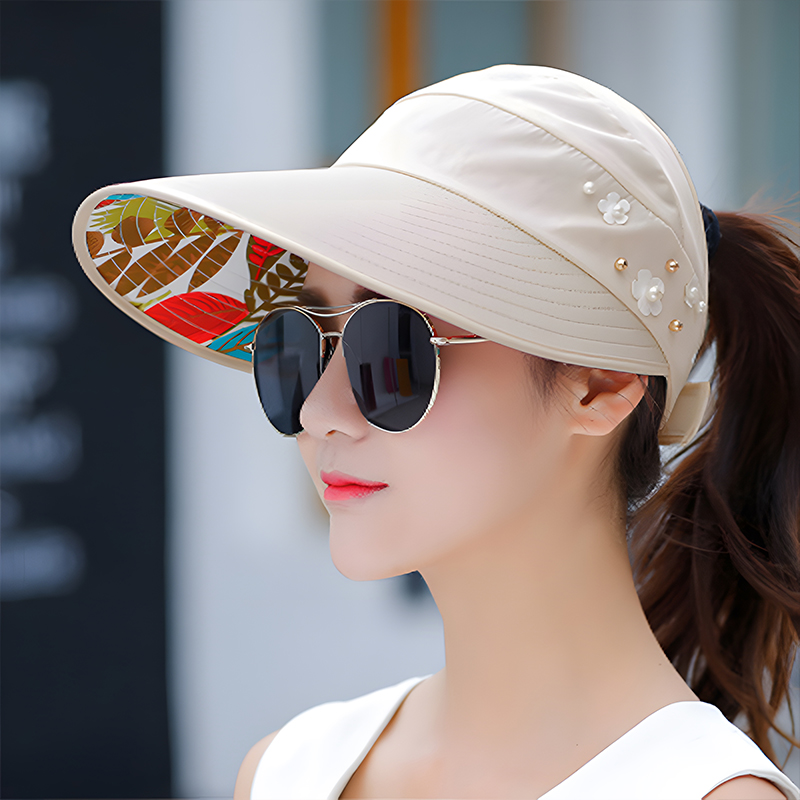 New Pearl Flower Baseball Cap Summer Women Earth Foldable Sun Protection Empty Top Hat Large Eave Sunshade Sun Hat
