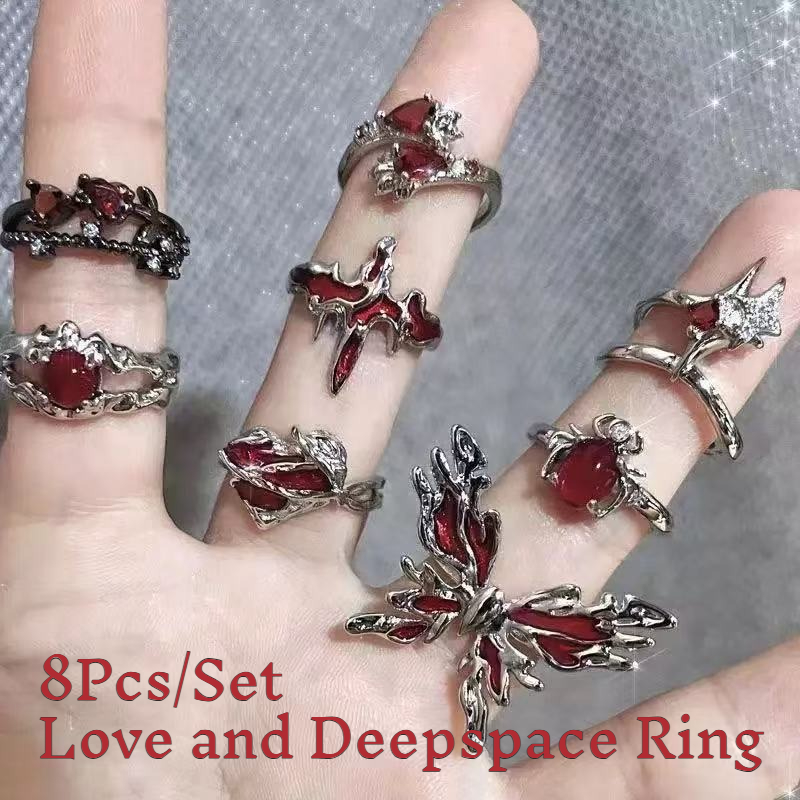 8Pcs/Set Love and Deepspace Sylus Qinche Dragon & Witch Exaggerated Red Ring Hand Jewelry Anime Cosplay Convention Deco Prop