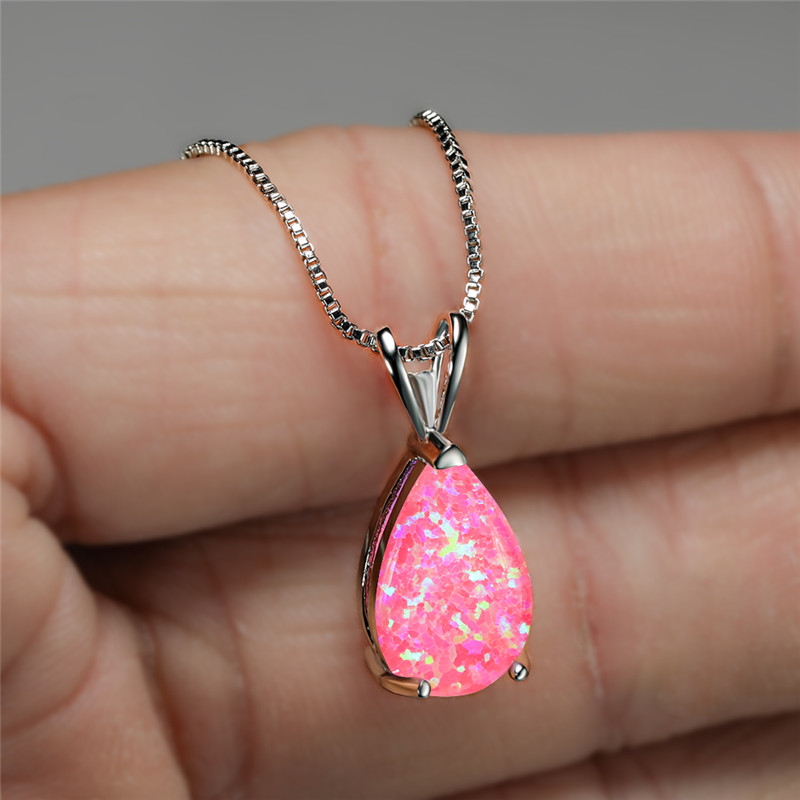 Cute Female Big Water Drop Stone Pendant Blue Green Pink Opal Necklace Vintage Silver Color Wedding Jewelry For Women