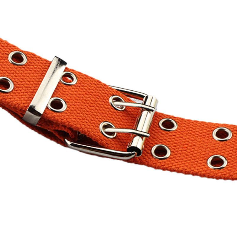New Women Studded Grommet Hole 2 Row Pin Buckle Canvas Nylon Belt Waistband 105cm