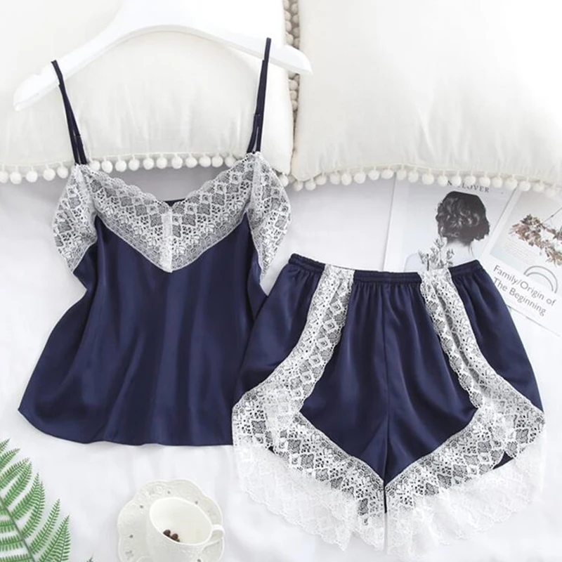 Two Piece Women Sleepwear Satin Pajama Set White Lace V-Neck Pyjamas Sleeveless Cute Female Sleeping Supplies