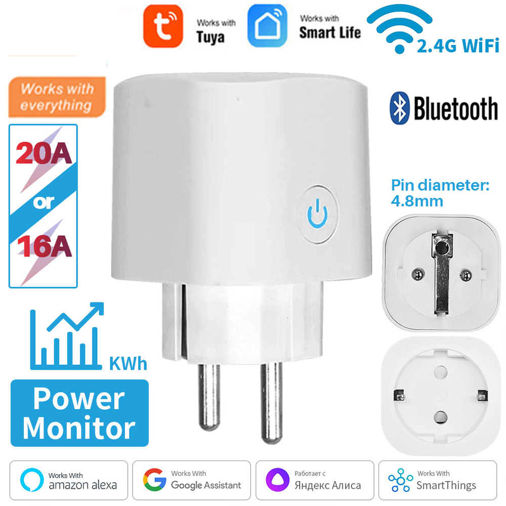 Tuya Smart Wifi Plug 20A Remote Control Smart Socket Outlet EU Power Monitor Timer Function Works with Alexa Home