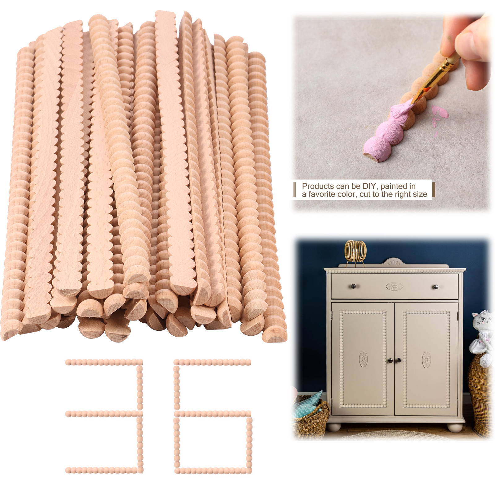 36Pcs Wood Decorative Beaded Wood Trim 15. 75 Inch Unfinished 3D Decorative Bead Pearl Wood Molding Cute DIY for Home Wall Cabin