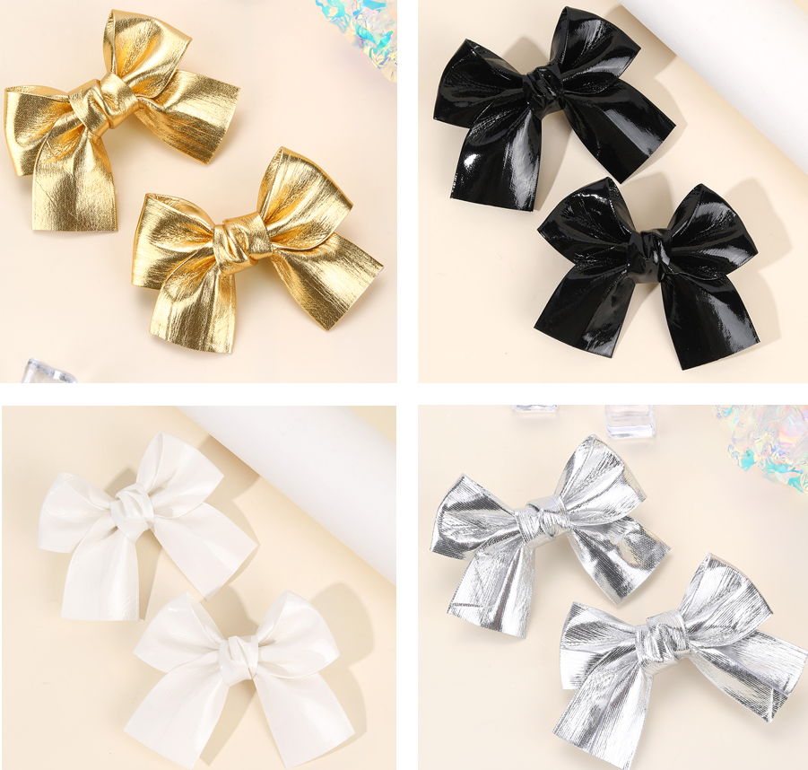2Pcs Sparkling Bow Hair Clips PU Barrettes For Girl Kids Butterfly Leather Vintage Gold Silver Handmade Headwear Accessories