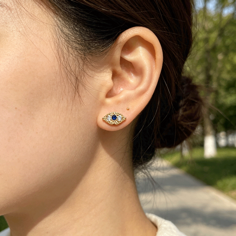 Classic Shiny Blue Evil Eye Stud Earrings, Cute Temperament Zircon Daily Wedding Party Accessories Jewelry