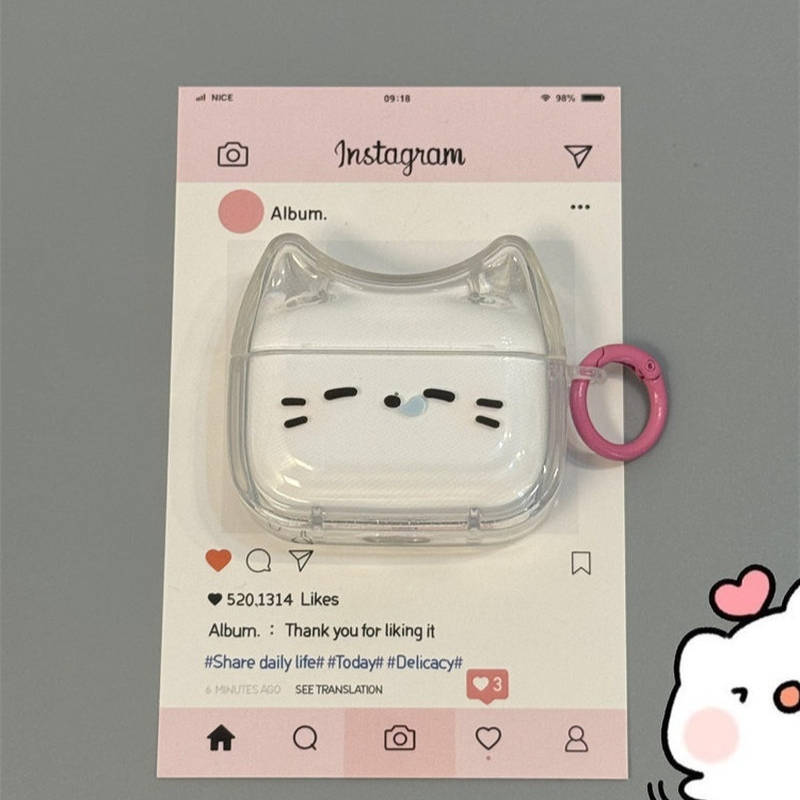 Cute Sleepy Cat Transparent Silicone Shockproof Protective Case With Pink Ring For AirPods Pro 3 AirPods Pro 2 AirPods 4