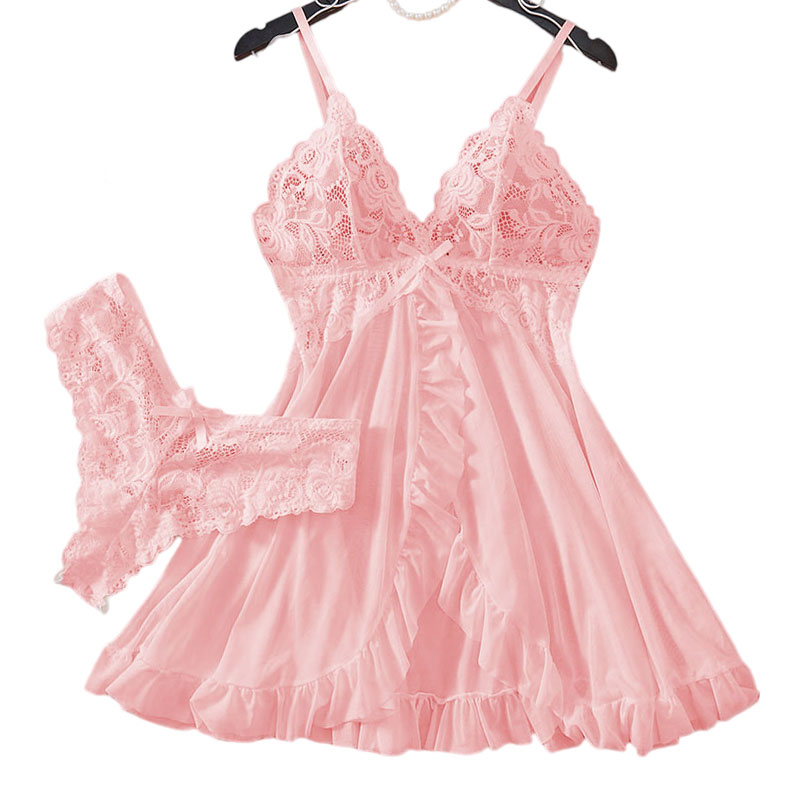 Pink Sweet Nightgown Female Elegant Sleep Dress Hot V-neck Bra Transparent Milk Silk Underwear Women's Pajamas With Panties Set