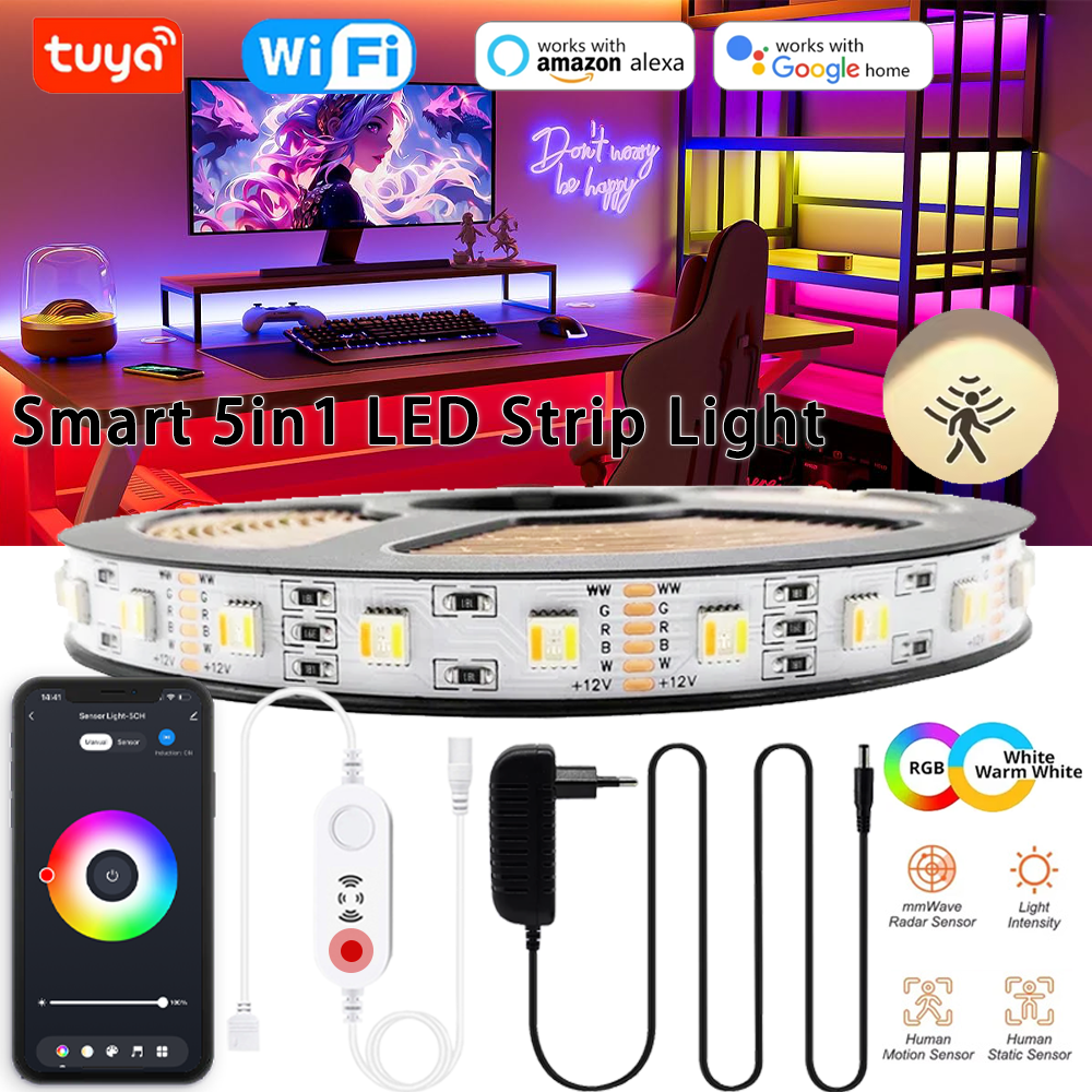 Tuya Wifi 12V RGB Led Strip Lights SMD 5050 RGBCCT Flexible Ribbon Led Tape Smart PIR Motion Sensing Dimmer for Room Bedroom