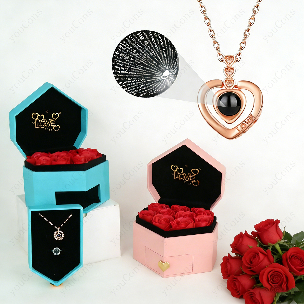 100 Languages Projection Pendant Necklace With Nine Rose 2026 New Jewelry For Woman Girlfriend Mother Valentine Birthday
