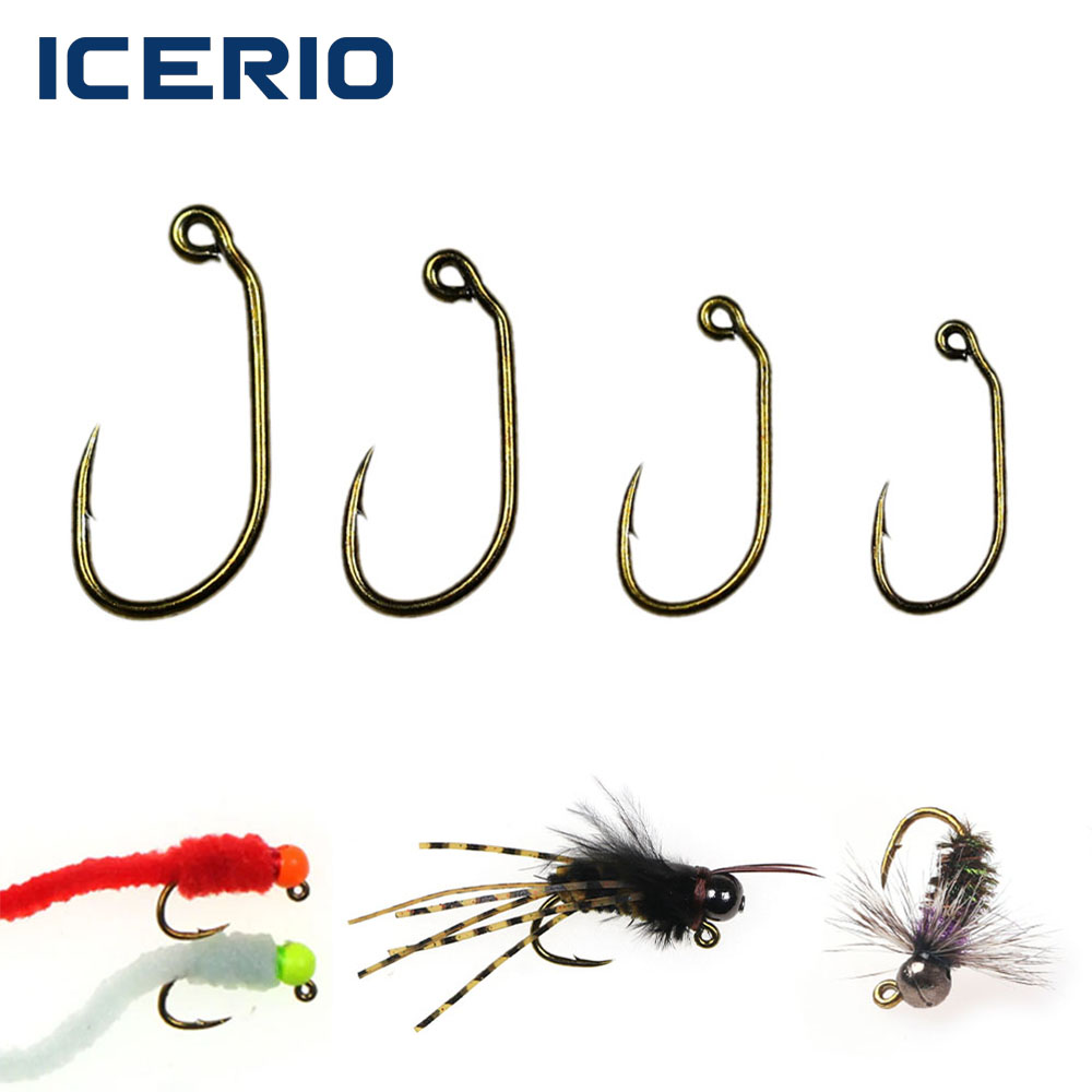 ICERIO 50pcs 60 Degree Angle Barbed Fly Tying Jig Hook 10# 12# 14# 16# Bronzed Coated Wide Gap Jig Nymph Wet Fly Fishing Lures