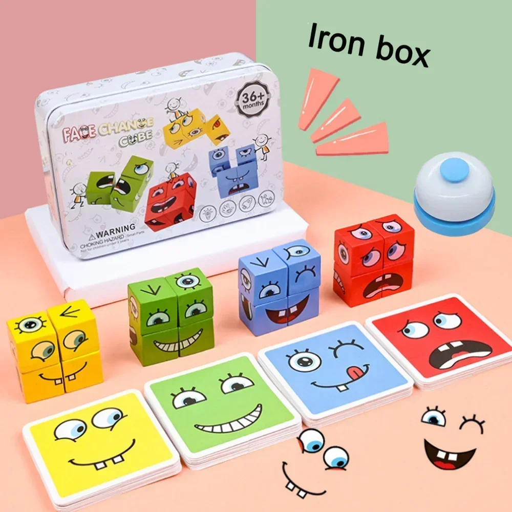 Cube Face Changing Wood Puzzle Building Blocks Board Game Montessori Expression Wooden Blocks Blocos For Children Kids Toys