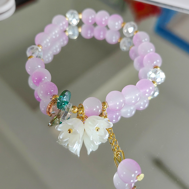 Korean Charm Crystal White Floral Leaf Bracelet Colorful Glass Beaded Lily Valley Flower Bracelet for Women Wedding Jewelry