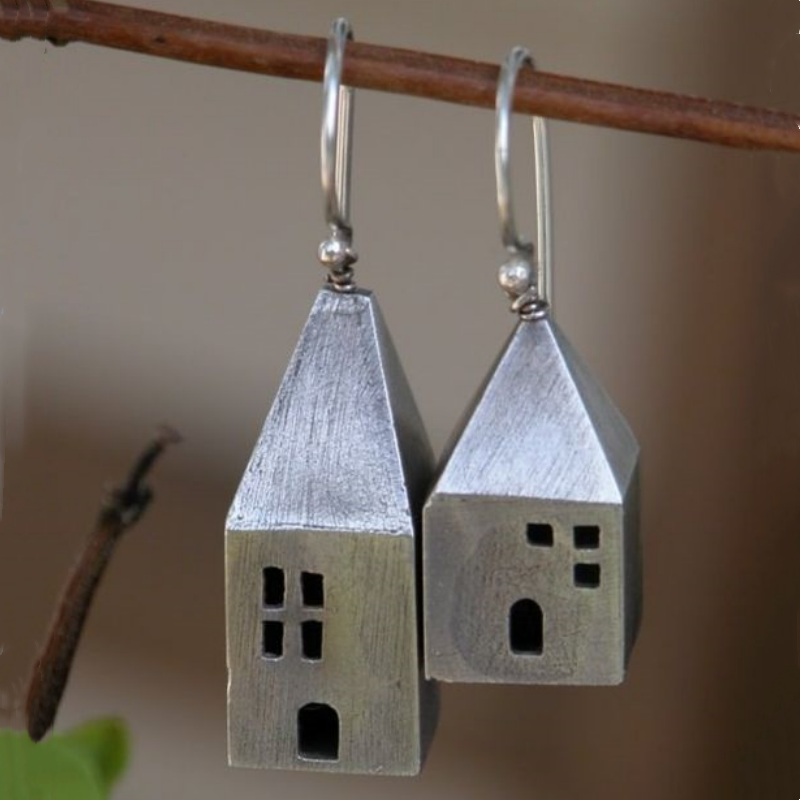 Vintage Silver Color Carved House Pattern Pendant Earrings, Women's Personalized Creative Simple Accessories Jewelry