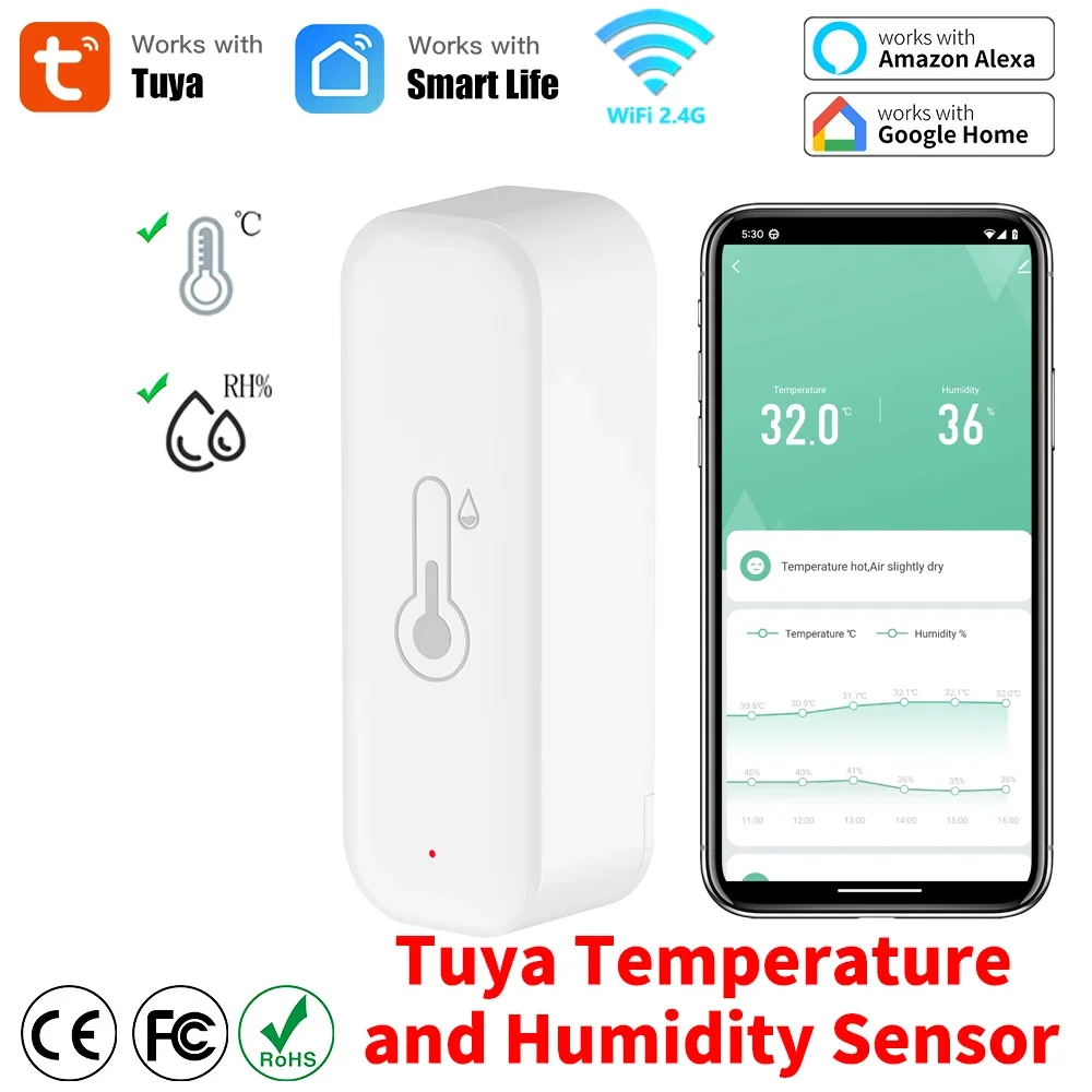 Tuya WiFi Temperature and Humidity Smart Home Thermometer Hygrometer APP Remote Alarm Work with Alexa Home