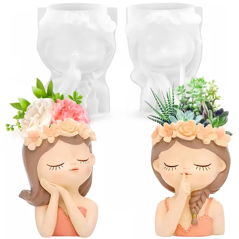Silicone Mold 3D Cute Girl Flower Pot Mould DIY Handmade Crafts Plaster Candle Crystal Epoxy Resin Mold for Home Decors