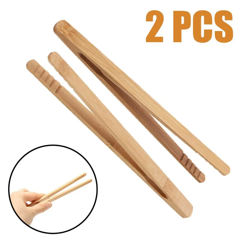 2Pcs New Tong Food Toast Bacon Sugar Bamboo Wood Tweezer Salad Clip Tea Tongs