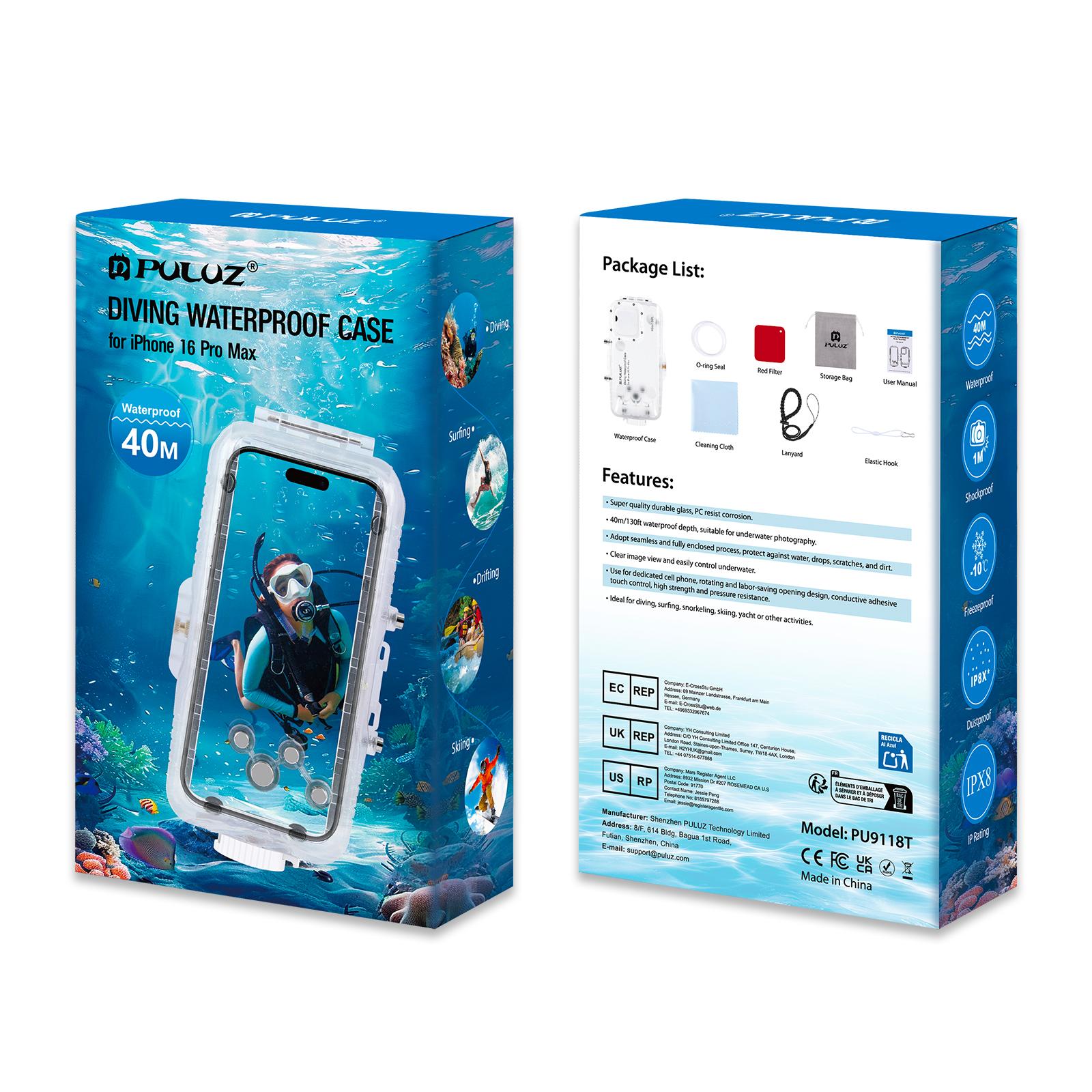PULUZ 40m/130ft Waterproof Diving Case For iPhone 16 Pro Max Underwater Housing Cover