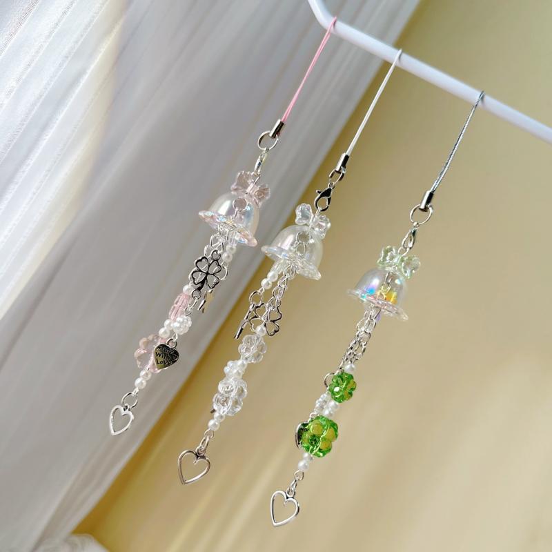 Cute Jellyfish Four Leaf Clover Phone Charm Trendy Beaded Mobile Phone Chain Lanyard Bag Card Book Pendant Keychain pen gpt