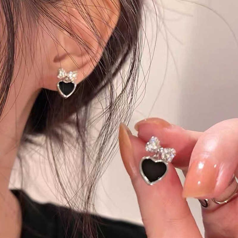 {YY30} Women's Earrings Asymmetrical Cute Bowknot Black Heart Drop Earrings Rhinestone Accessories For Women Pendientes Mujer