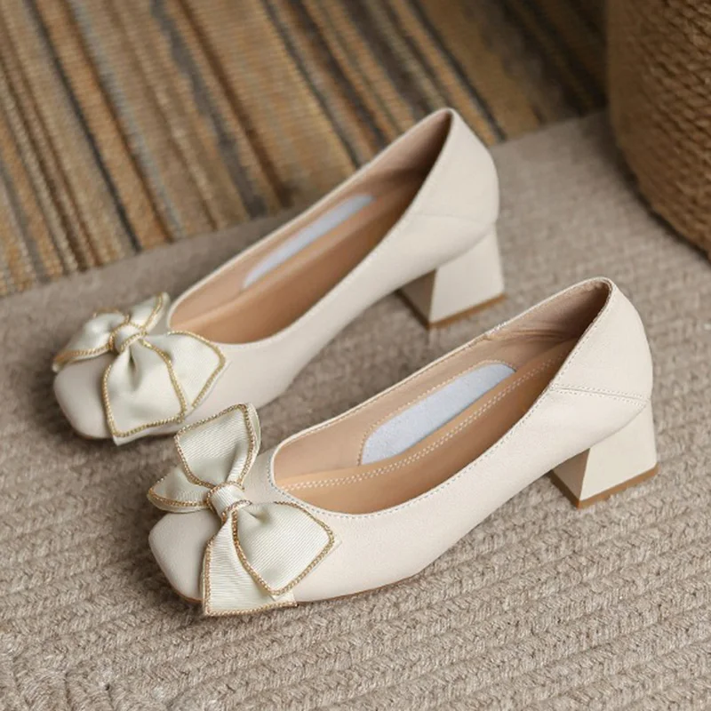 2024 Women 5cm High Heels Elegant Valentine Pumps Female Square Toe Block High Heels Lady Sweet Ribbon Bowknots Barefoot Shoes