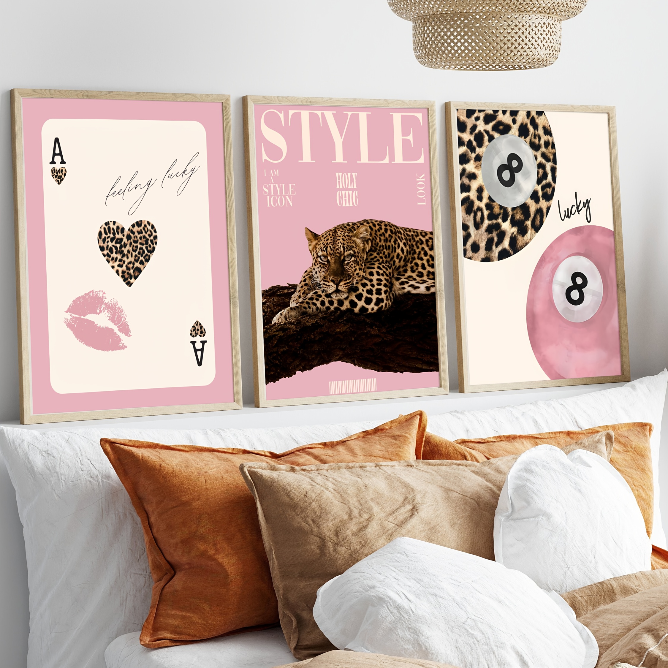 3pcs/set Fashion Leopard & Cheetah Canvas Print Pink Girl Lucky 8 Ball Wall Art Poster for Modern Living Room Home Decor