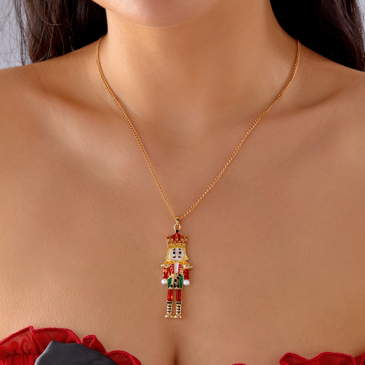 Cartoon Rhinestone Soldier Shaped Pendant Necklace Cute Xmas Chain Choker New Year Holiday Jewelry For Women Men
