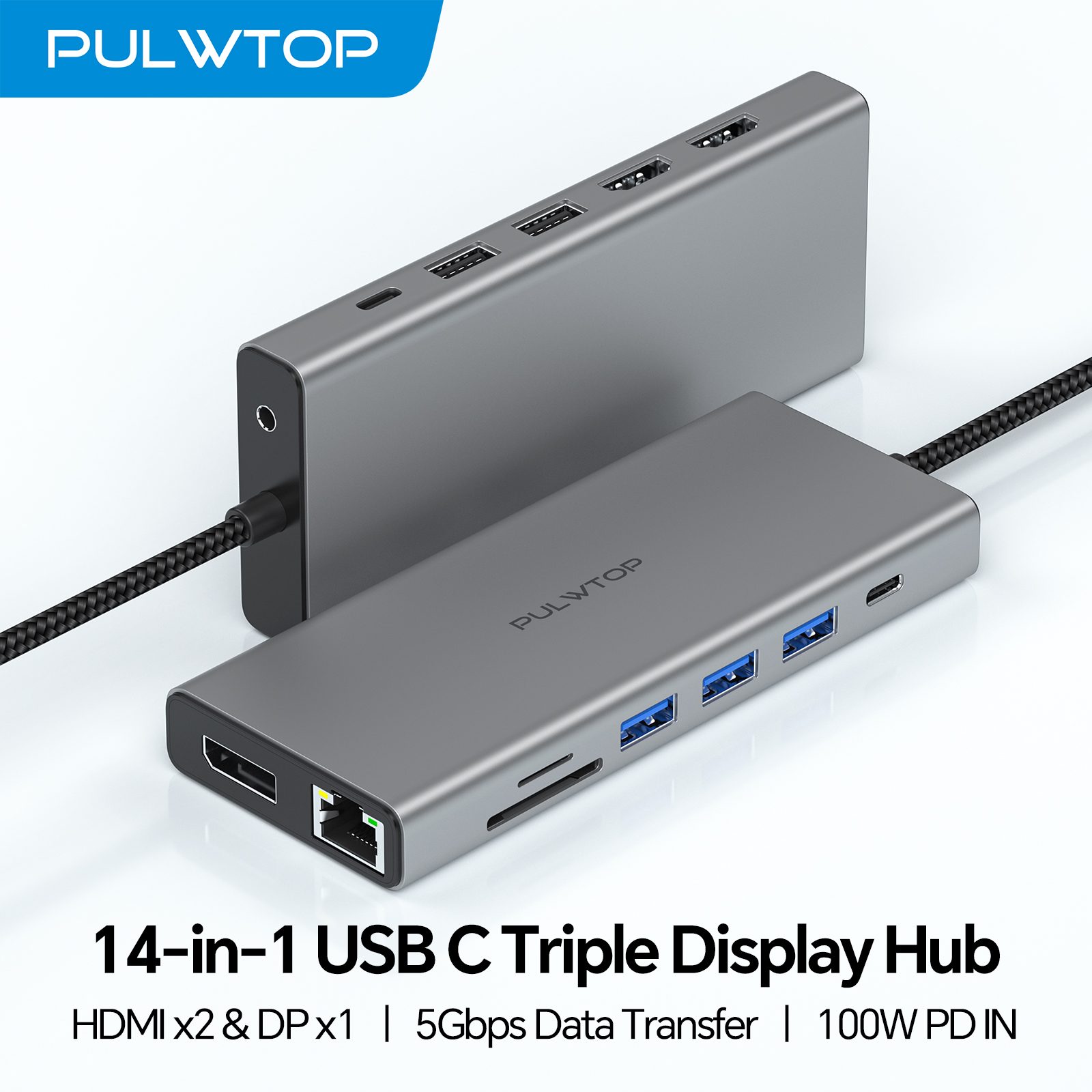 PULWTOP Laptop Docking Station Dual Monitor with Dual HDMI+DP+Ethernet+SD/TF+USB C Port+Audio+PD for MacBook, Dell, HP