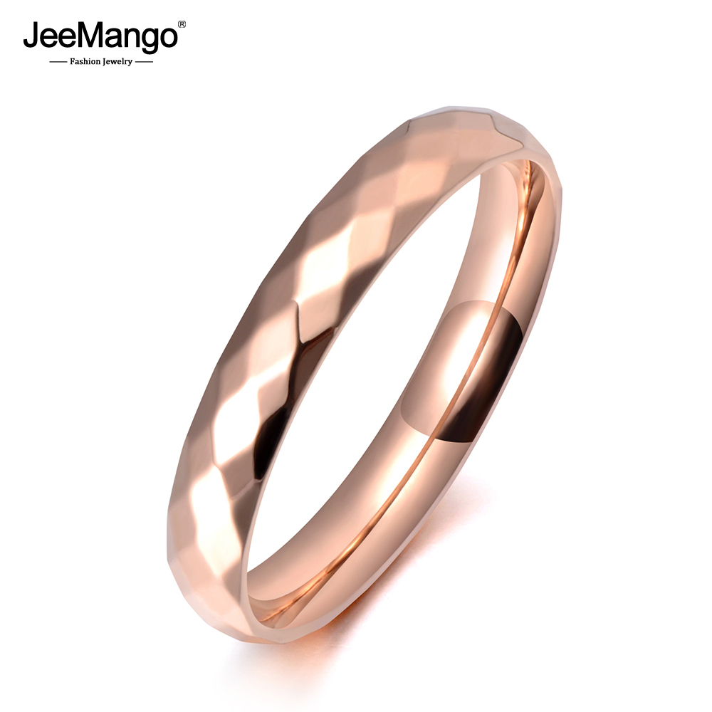 JeeMango Trendy Office Style Stainless Steel 3mm Wide Cut Face Anniversary Ring Rose Gold Color Wedding Ring For Women JR19059