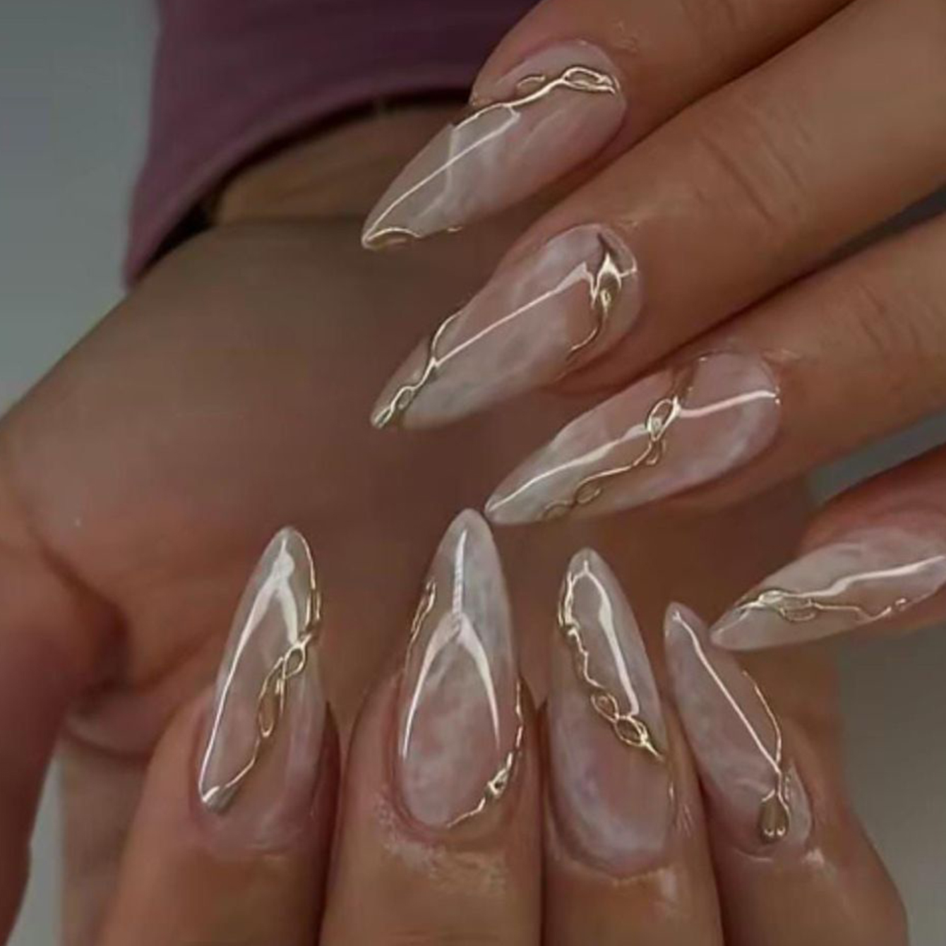 24Pcs pink cat eye smudge French nail patches, medium almond shape, decorated with golden lines, simple style, smooth surface, f dr. eyemo