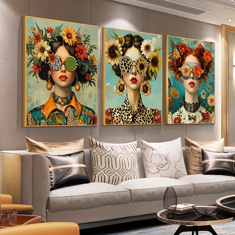 3pcs Nordic Boho Fashion Glasses Woman With Flowers Wall Art Canvas Painting Butterfly With Girl Portrait Poster Prints Picture