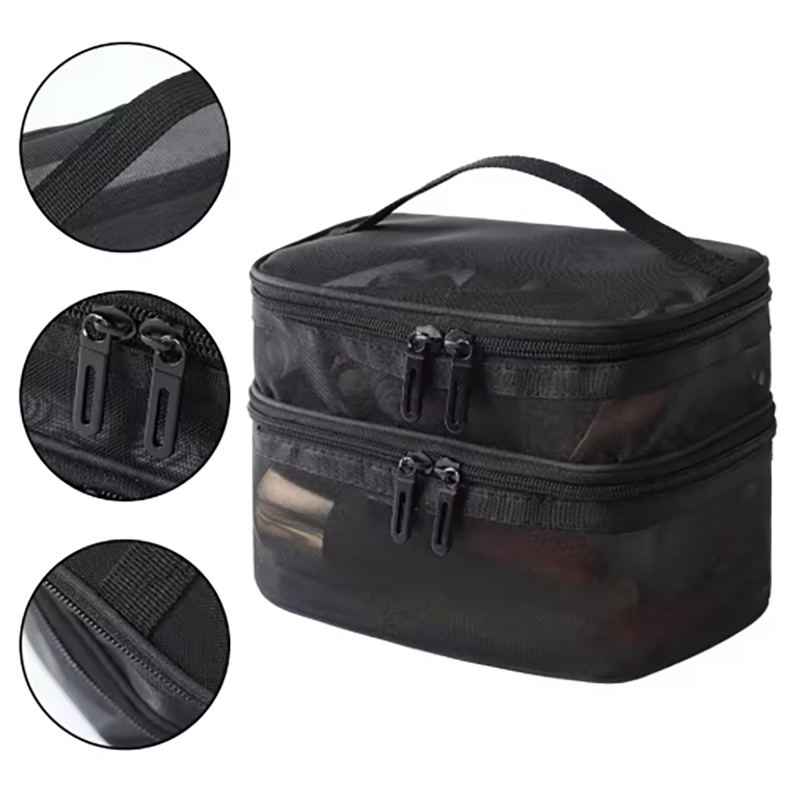 Double Layer Mesh Makeup Bag, Wash Bag, Women's Portable New Large Capacity Storage Bag, Cosmetics Storage Bag