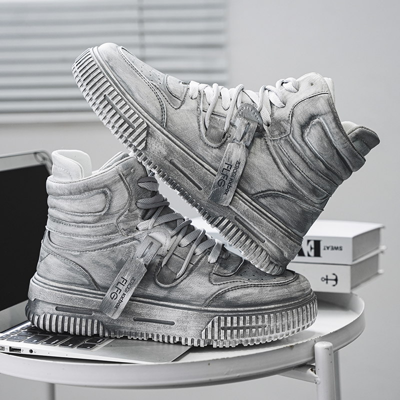 Autumn and winter high top men's shoes fashion trend retro gray children's and young men's parent-child shoes work sports and le