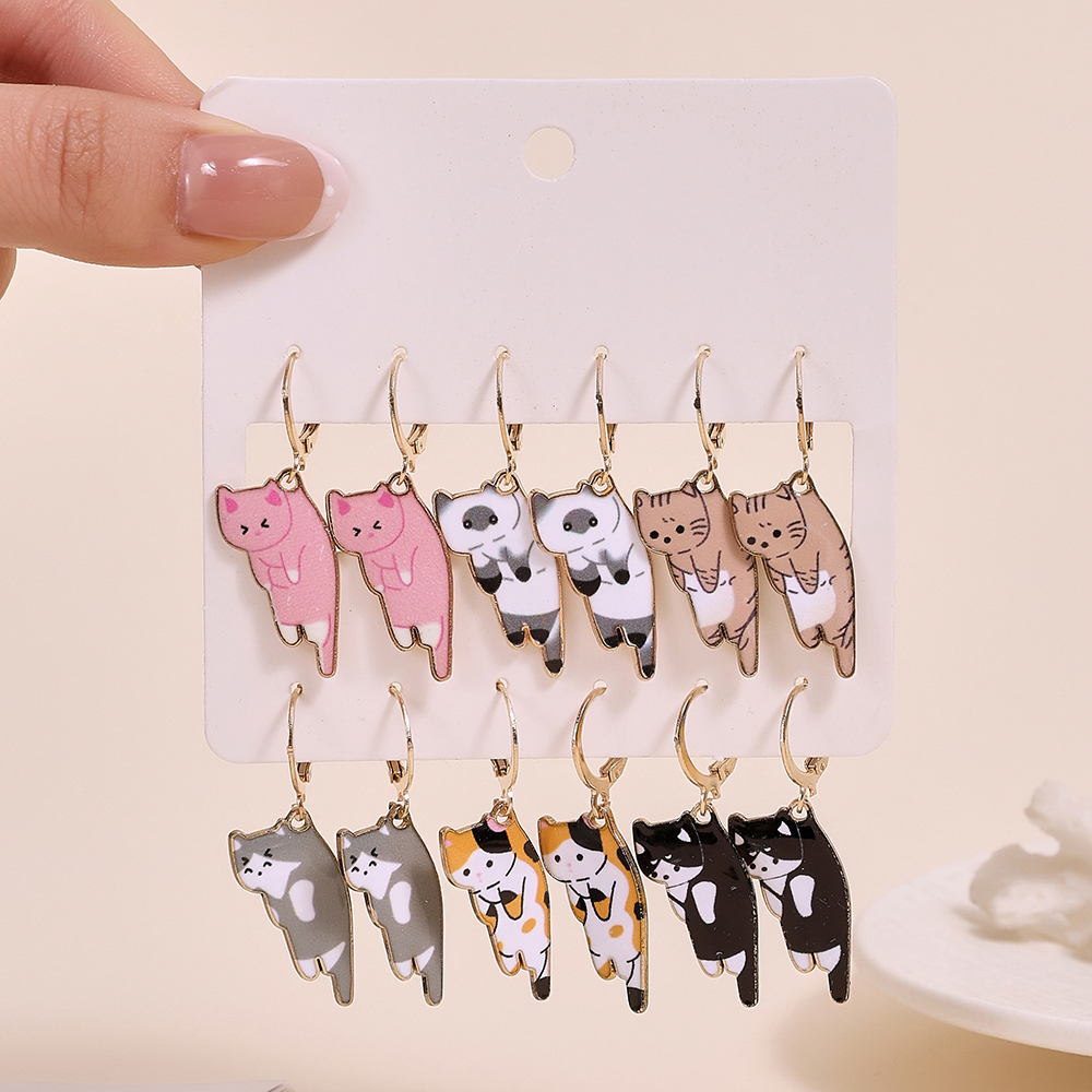 Color Cat Pattern Alloy Dripping Oil Earrings Cute Creative Pet Earrings Versatile Women Accessories Earrings