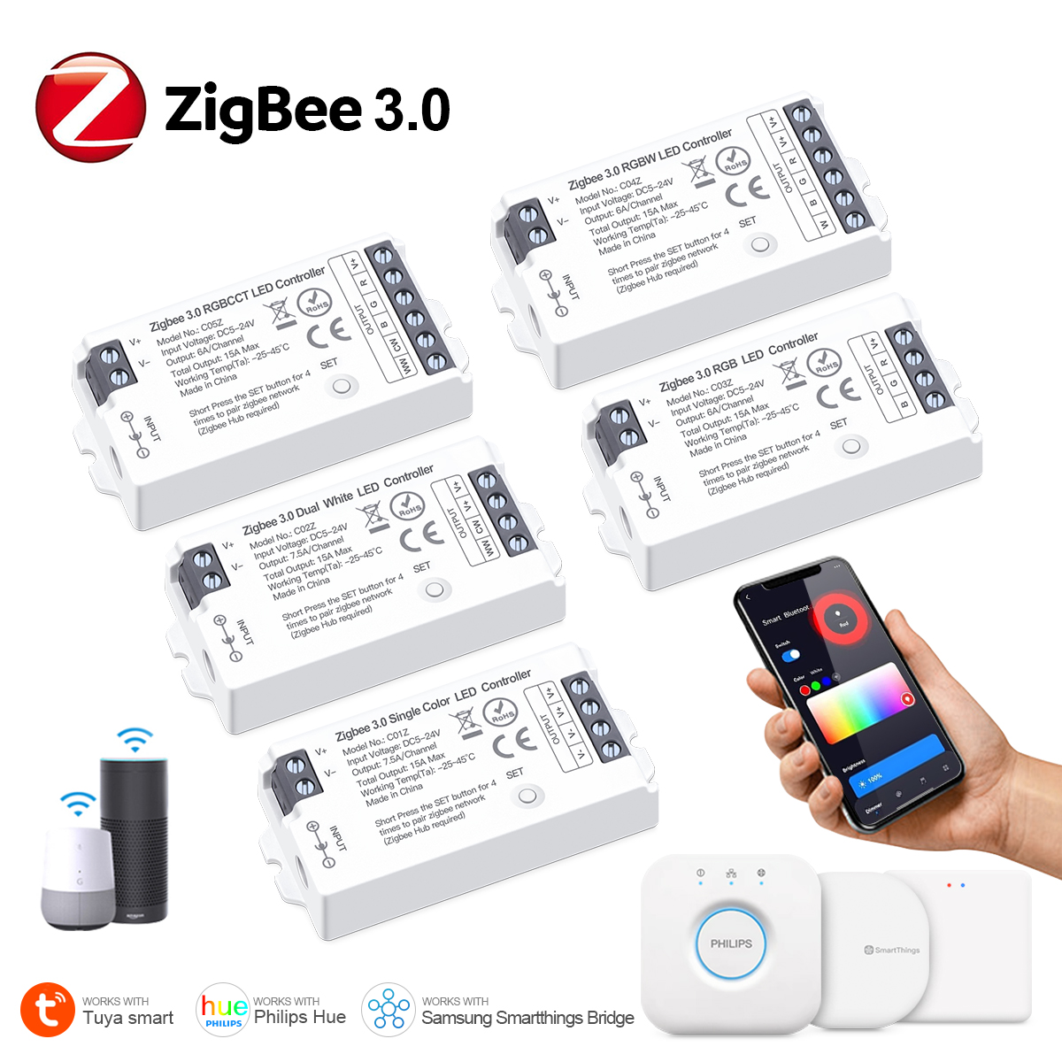 Zigbee 3.0 Smart Home RGB LED Controller,Wifi Switch for 5050/2835 Neon COB LED Tape Dimmer,Dimmable RGBCCT LED Strip Controller