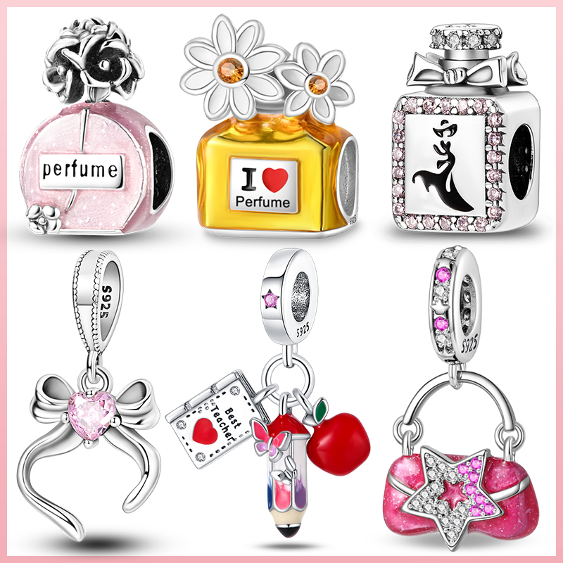 New 925 Silver Colorful Butterfly Pink Perfume Bottle Lipstick Charm Beads Suitable Fit Pan 925 Bracelet Exquisite DIY