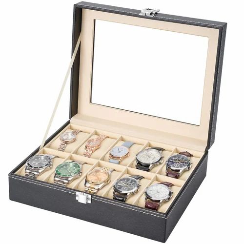SMARTGURU Pu Leather Watch Box, 10 Slot Watch Storage Box with Key Lock and Glass Lid (Black, Synthetic) FBA