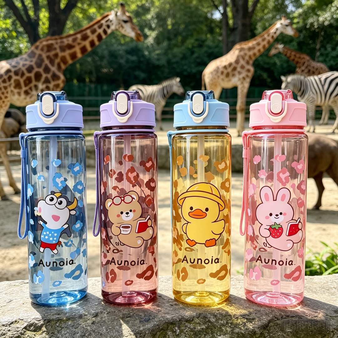 Cute Animal Pattern Water Bottle, Durable Reusable, Trendy Lovely Design, Lightweight Original Travel Kettle, Sturdy Plastic Cup