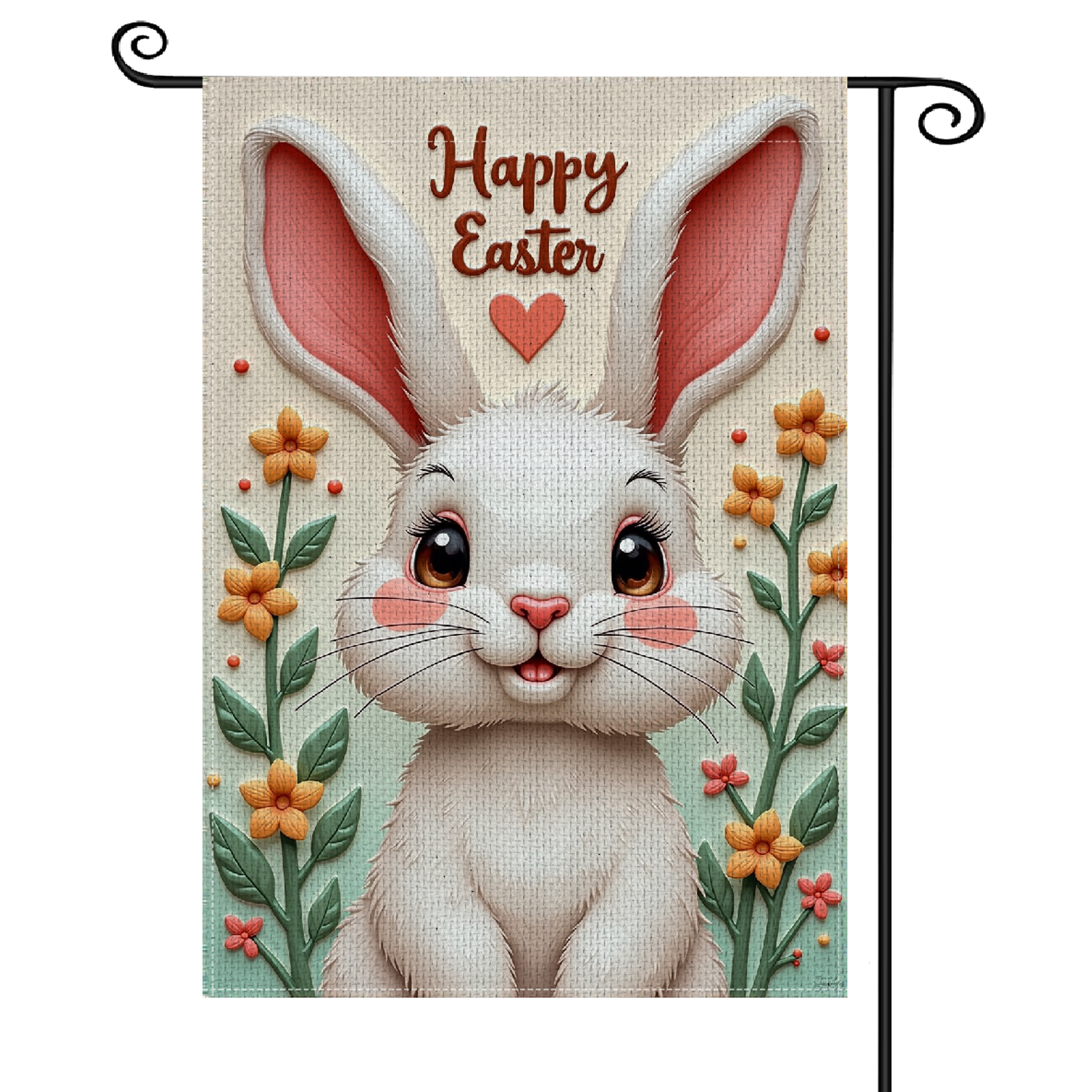 Bunny Design Happy Easter Garden Flag Floral Pattern Easter Bunny Yard Flag Heart Accent Pastel Color Scheme Spring Garden Banne