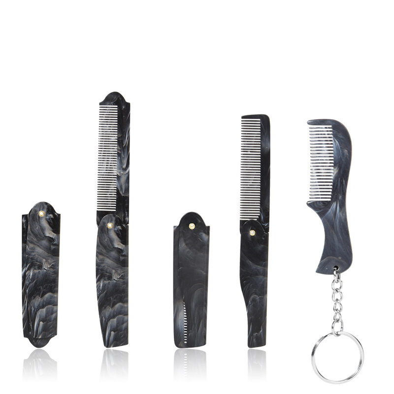 Marble Pattern Plastic Foldable Beard Mustache Comb Fine Tooth Folding Hair Comb Travel Portable Mini Beard Comb With Key Chain