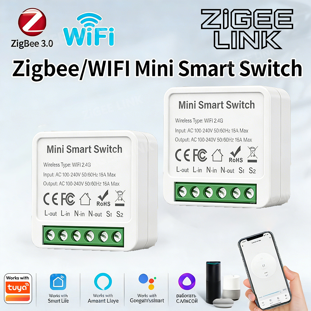 ZigBee or WiFi Smart Switch Module 16A/20A Mini Relay Breaker Smart Home Automation Works with Tuya Alexa