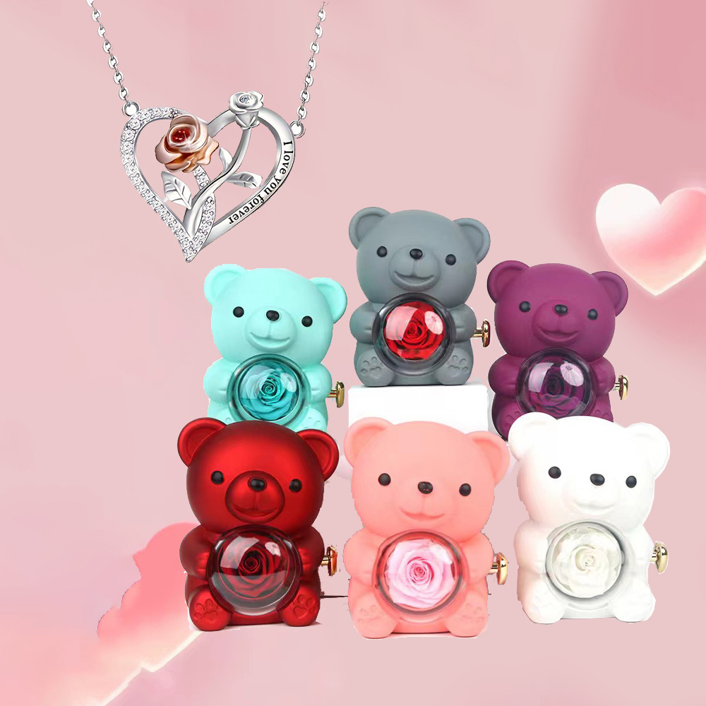 Heart Zircon Pendant Necklaces With Cute Bear Rose Flower Luxury Box 2024 New Party Romantic Jewelry