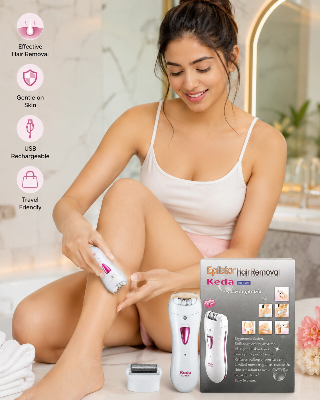 Keda KD-190R Rechargeable Epilator Hair Removal Device for Women | USB Charging | Portable Electric Hair Remover for Legs, Arms & Underarms