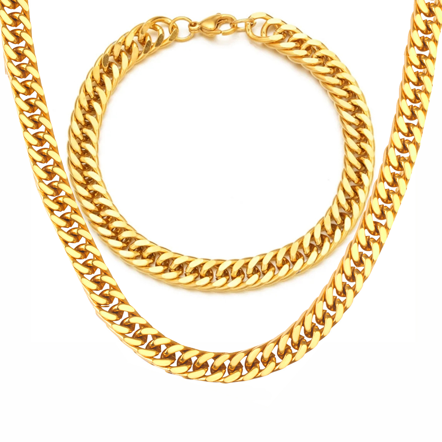 Gold Color Stainless Steel 6.5mm Curb Cuban Link Chain Bracelets Necklace For Women Men Fashion Party Wedding Jewelry Sets