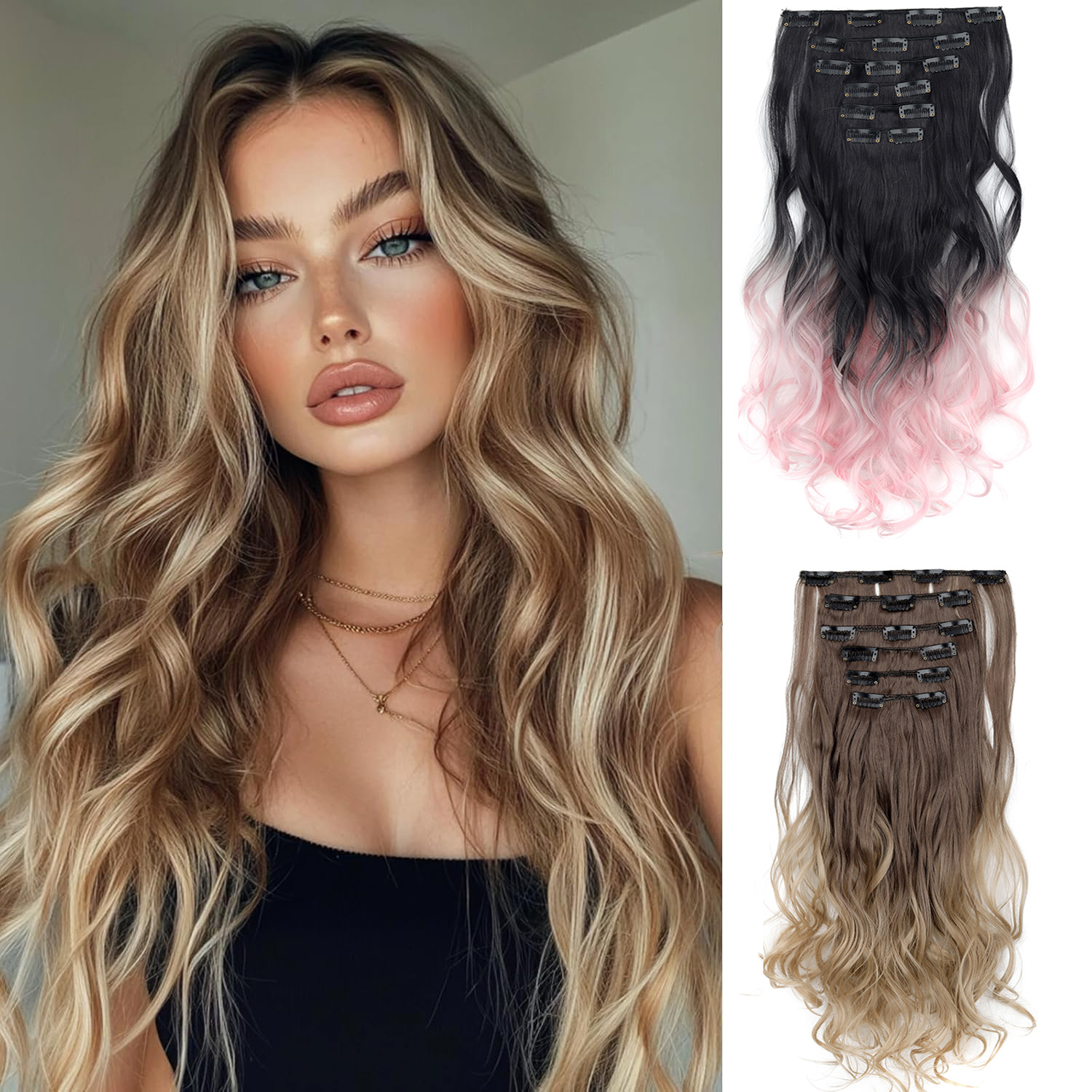 Ombre Color Hairpiece Clip In Hair 6PCS/Set Long Wavy Hair Full Head Brown Natural Look Synthetic hair For Women