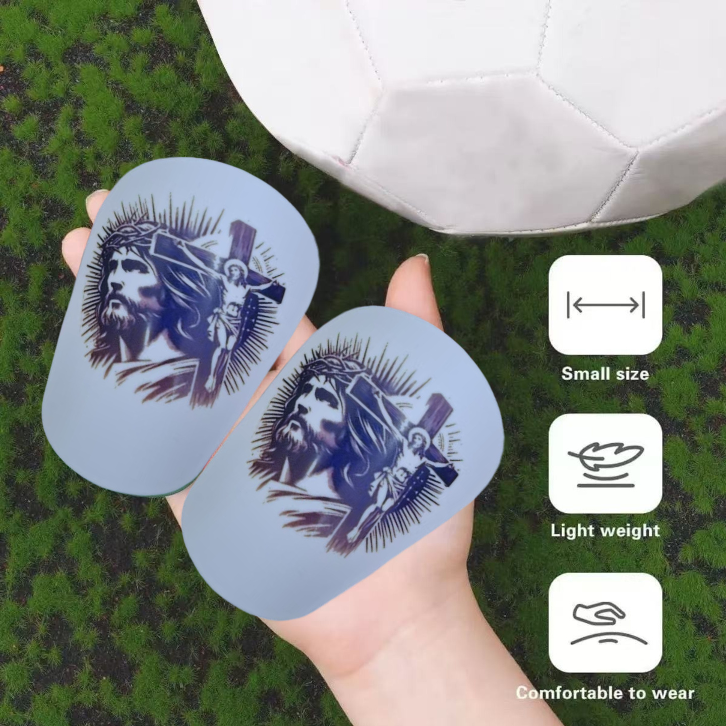 1 Pair of Mini Football Shin Guards - Ultra Small Protective Gear for Men & Women, Blue & White Cracked Ice Design, pp Material