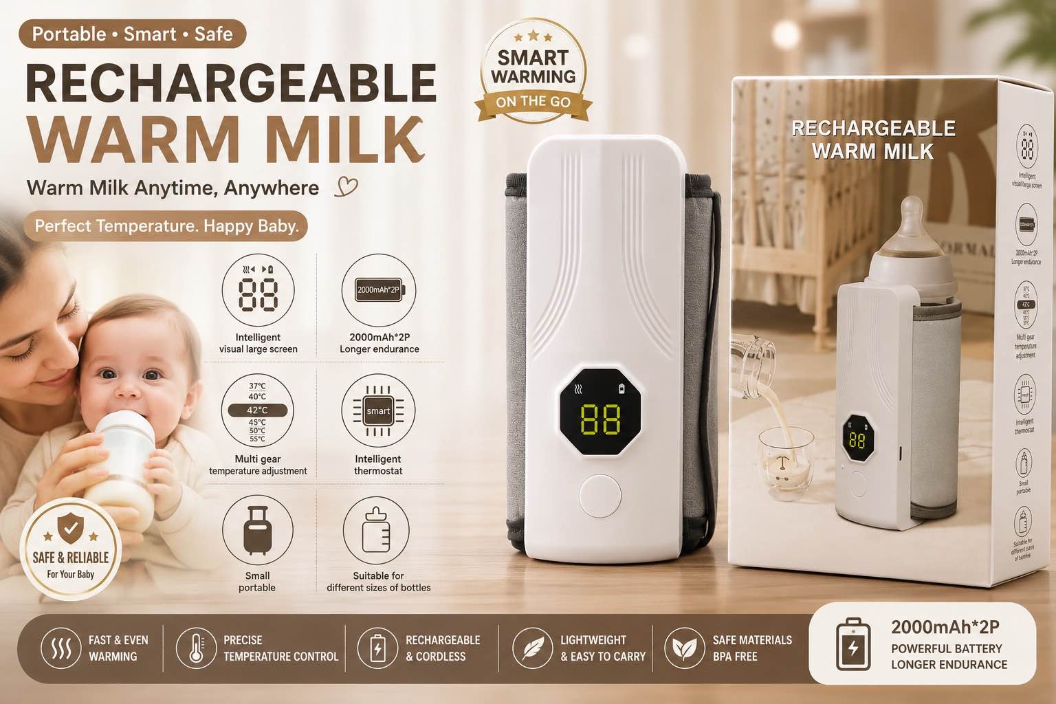 Rechargeable Portable Baby Bottle 6 temperature settings: 37°C, 40°C, 42°C, 45°C, 50°C & 55°C 🔋 2000mAh × 2 rechargeable battery for long-lasting performance